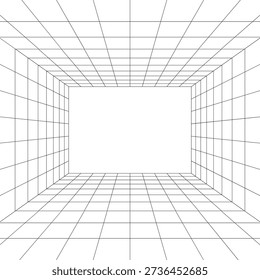 Long white room digital installation mockup. Moving energetic grid structure of fine lines. Simple black and white dynamic vector background