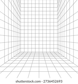 Long white room digital installation mockup. Moving energetic grid structure of fine lines. Simple black and white dynamic vector background