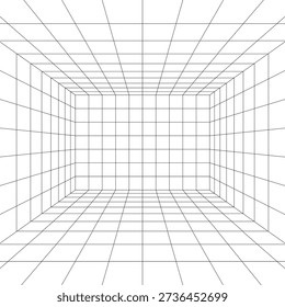 Long white room digital installation mockup. Moving energetic grid structure of fine lines. Simple black and white dynamic vector background