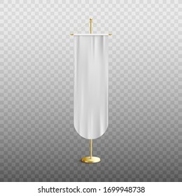 Long white silk pennant flag hanging on golden vertical pole isolated on transparent background - realistic blank mockup template of medieval banner, vector illustration.