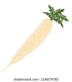 
Long white vegetable with star like leaves on head, icon for white radish 
