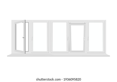 Long white window frame with clear glass isolated on white background.