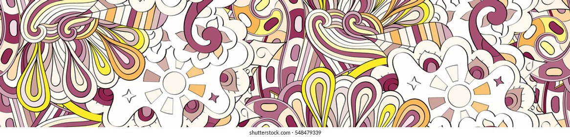 Long widescreen colorful seamless pattern. Curved doodling backgrounds for textile or printing with mehndi and ethnic motives. Vector.