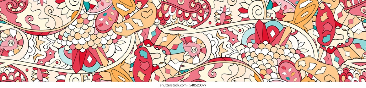 Long widescreen colorful seamless pattern. Curved doodling backgrounds for textile or printing with mehndi and ethnic motives. Vector.