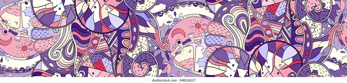 Long widescreen colorful seamless pattern. Curved doodling backgrounds for textile or printing with mehndi and ethnic motives. Vector.