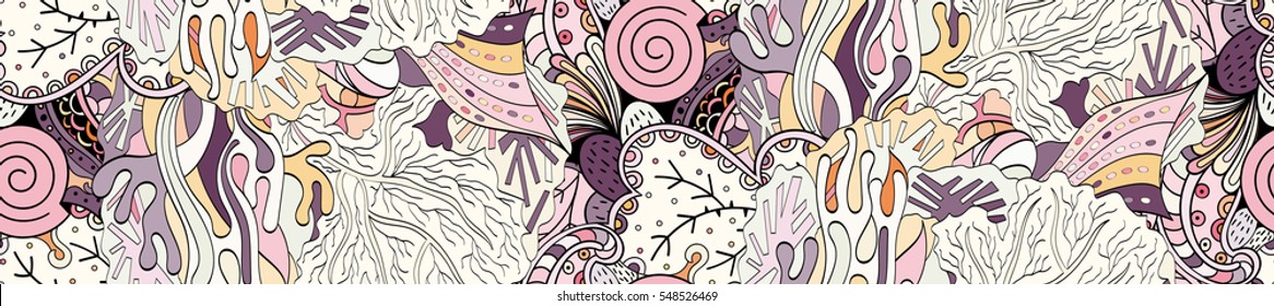 Long widescreen colorful seamless pattern. Curved doodling backgrounds for textile or printing with mehndi and ethnic motives. Vector.