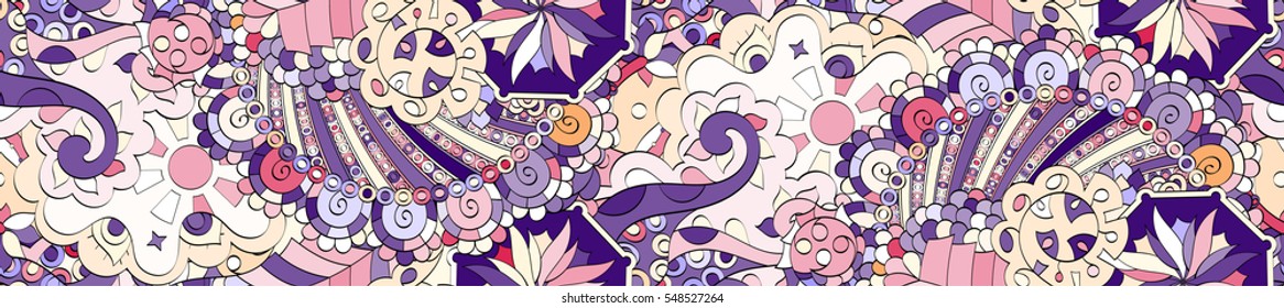 Long widescreen colorful seamless pattern. Curved doodling backgrounds for textile or printing with mehndi and ethnic motives. Vector.