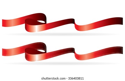 Long width red ribbons curled banners with solid white background and ribbon with strange border