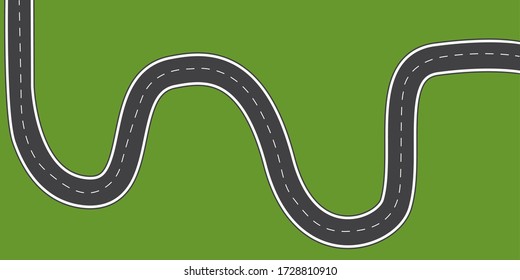 Long winding road cartoon vector. Flat image of a road on a green background. Stock Photo.