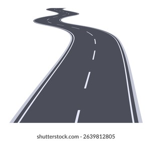 Long and winding road disappearing into the distance with white stripes and shoulders on a white background, representing concepts such as journey, travel, and transportation