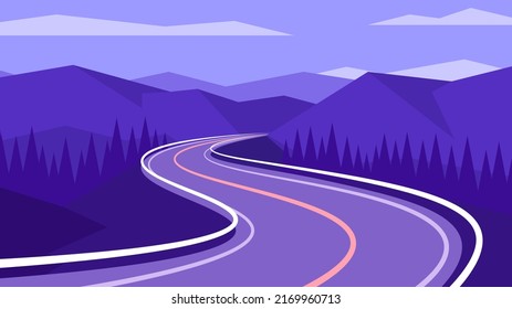 Long winding road leading off into the mountains. Horizontal purple illustration of asphalt roadway in the evening mountain background.