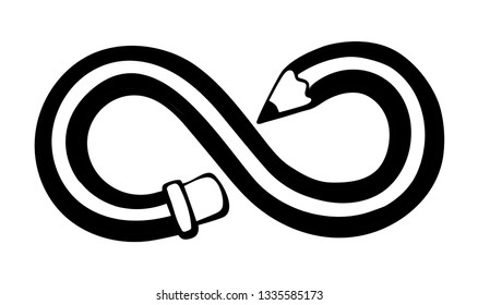 Long wooden pen tip picture on white backdrop. Freehand outline black ink hand drawn web emblem pictogram draft sketchy in modern artist doodle style. Eternal 8 arrow image frame border space for text