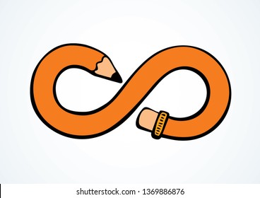 Long wooden pen tip picture on white backdrop. Freehand outline black ink hand drawn web emblem pictogram draft sketchy in modern artist doodle style. Eternal 8 arrow image frame border space for text