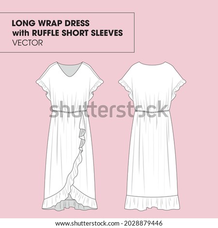 Long Wrap Dress with Ruffle Short Sleeves and V-Neckline