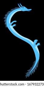 A long wyvern dragon in the sky among the clouds. Flying dragon in the night sky.