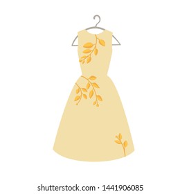 Long yellow dress with branch pattern on hanger. Icon isolated on white