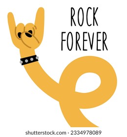 A long yellow hand with painted nails and straps with spikes. A musical sign of a rock festival, a hand gesture, an isolated cartoon illustration with an inscription. Insulated heavy metal lever