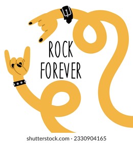 Long yellow hands with painted nails and barbed straps. A musical sign of a rock festival, a two-handed gesture, an isolated cartoon illustration with an inscription. Insulated heavy metal arm