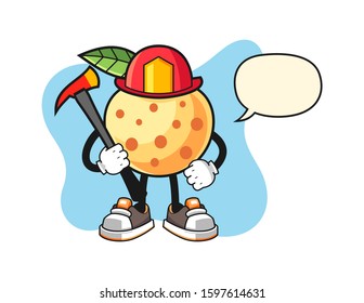 Longan firefighter with speech bubble cartoon. Mascot Character vector.