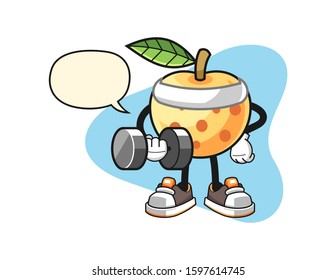 Longan fitness hold dumbbell with speech bubble cartoon. Mascot Character vector.