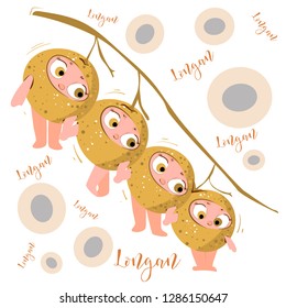 Longan. Fresh juicy cartoon character. Funny surprised brothers Longan. Background slices Longan.