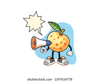 Longan hold megaphone with speech bubble cartoon. Mascot Character vector.