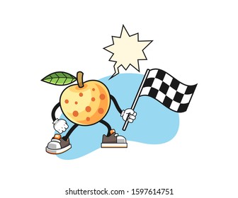 Longan hold racing flag with speech bubble cartoon. Mascot Character vector.