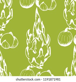 longan, pitahaya tropical fruits seamless pattern