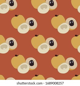 longan seamless pattern on brown color. longan fruit and slices with seeds vector pattern.