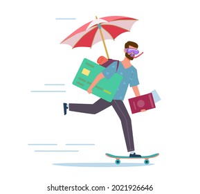 Long-awaited vacation. Man is in hurry to rest. Happy character riding skateboard. Worker in diving mask carrying umbrella and credit card. Traveler running to beach. Vector concept