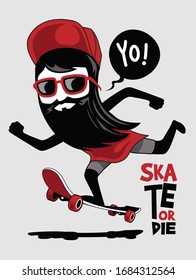 Longbearded Skatebording Vector Art Print. Hipster Vector illustration on skateboard.