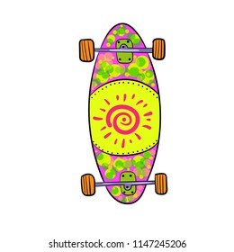 A longboard with a beautiful rasta drawing. A vector illustration.