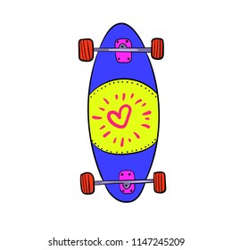 A longboard with a beautiful rasta drawing. A vector illustration.