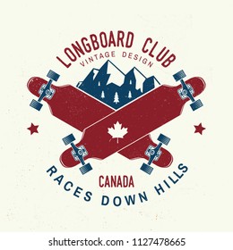 Longboard club badge. Vector illustration. Extreme sport. For skate club emblems, signs and t-shirt design. Skateboard typography design with mountains and longboard. Extreme sport.