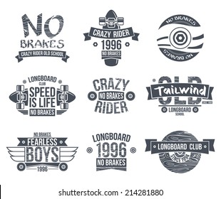 Longboard club emblems. Graphic design for t-shirt. Dark print on white background