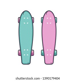 Longboard cruisers. Vector illustration in flat style. Skateboards in trendy colours. 