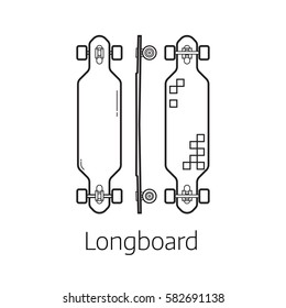 Longboard deck vector illustration. Alternative city transport long skateboard in thin line design. Personal transportation self-balancing device. Skating desk from different sides.