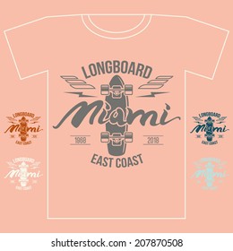 Longboard emblem girl`s retro print with lettering. Graphic design for t-shirt on pink background