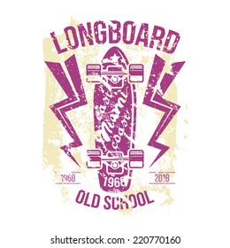 Longboard emblem print design for t-shirt in retro style