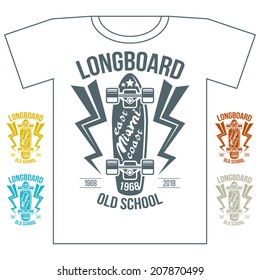 Longboard emblem retro print with lettering. Graphic design for t-shirt on white background