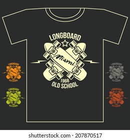 Longboard emblem retro print with lettering. Graphic design for t-shirt on dark background