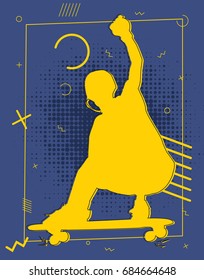 longboard guy slide in memphis retro pop art style