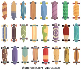 Symbole an Bord setzen Karikaturen-Vektorgrafik. Langes Skateboard. Deck-aktiv
