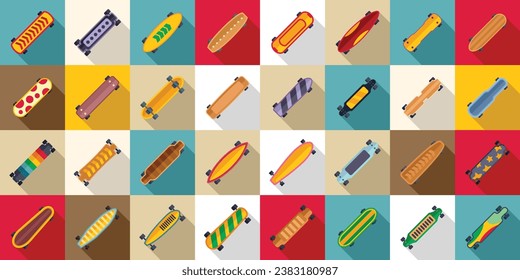 Longboard icons set flat vector. Long deck active. Street culture skater