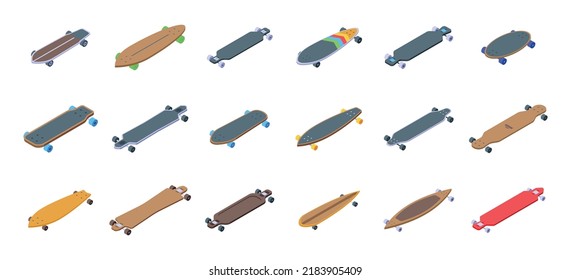 Longboard icons set isometric vector. Skateboard. Long deck