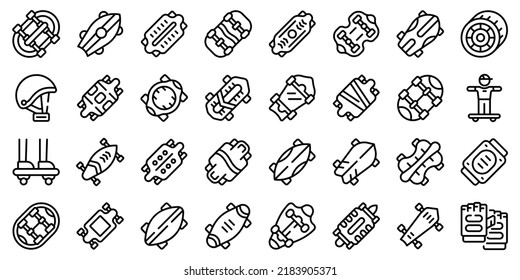 Symbole an der Hauptplatine setzen den Umrissvektor. Langes Skateboard. Aktives Deck