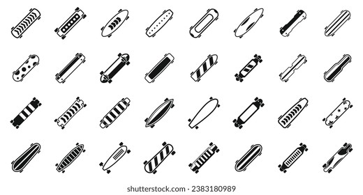 Longboard icons set simple vector. Long deck active. Street culture skater