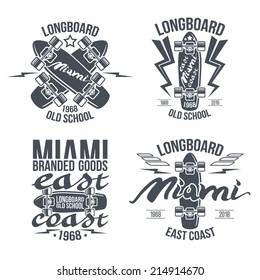 Longboard retro emblems. Graphic design for t-shirt. Dark print on white background