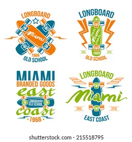 Longboard retro emblems graphic design for t-shirt. Color print on white background