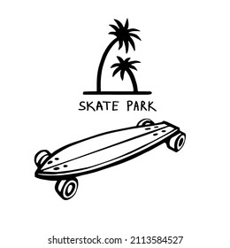 Longboard, skate park text, palms. Doodle t-shirt print. Black line sketch art icon. Cute cartoon kids teens design. Outline drawing logo minimal style.